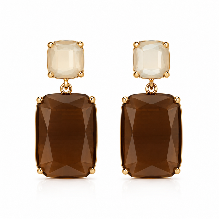 Boucles d’Oreilles Pendantes Rectangles Verre Facetté - ModeAccess - Chocolat et ivoire