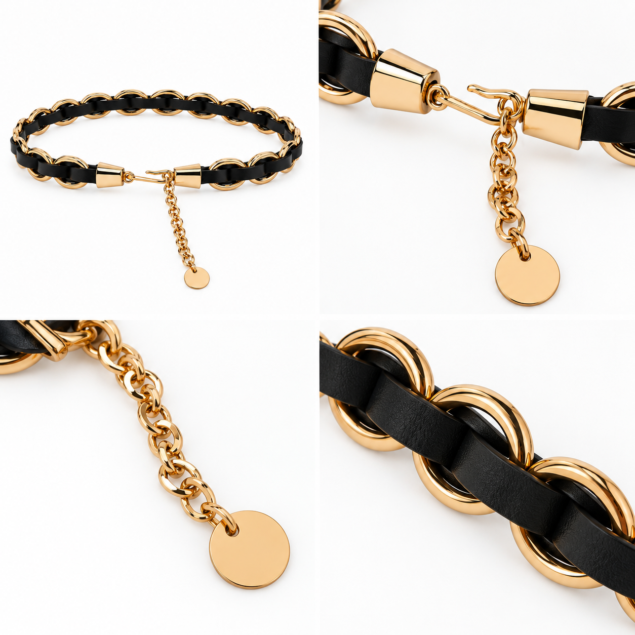 Ceinture Chaîne Anneaux Dorés Cuir Noir - ModeAccess