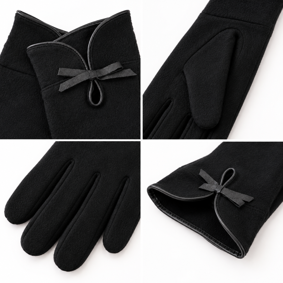 Gants Laine Nœud Cuir Noirs Détail - ModeAccess
