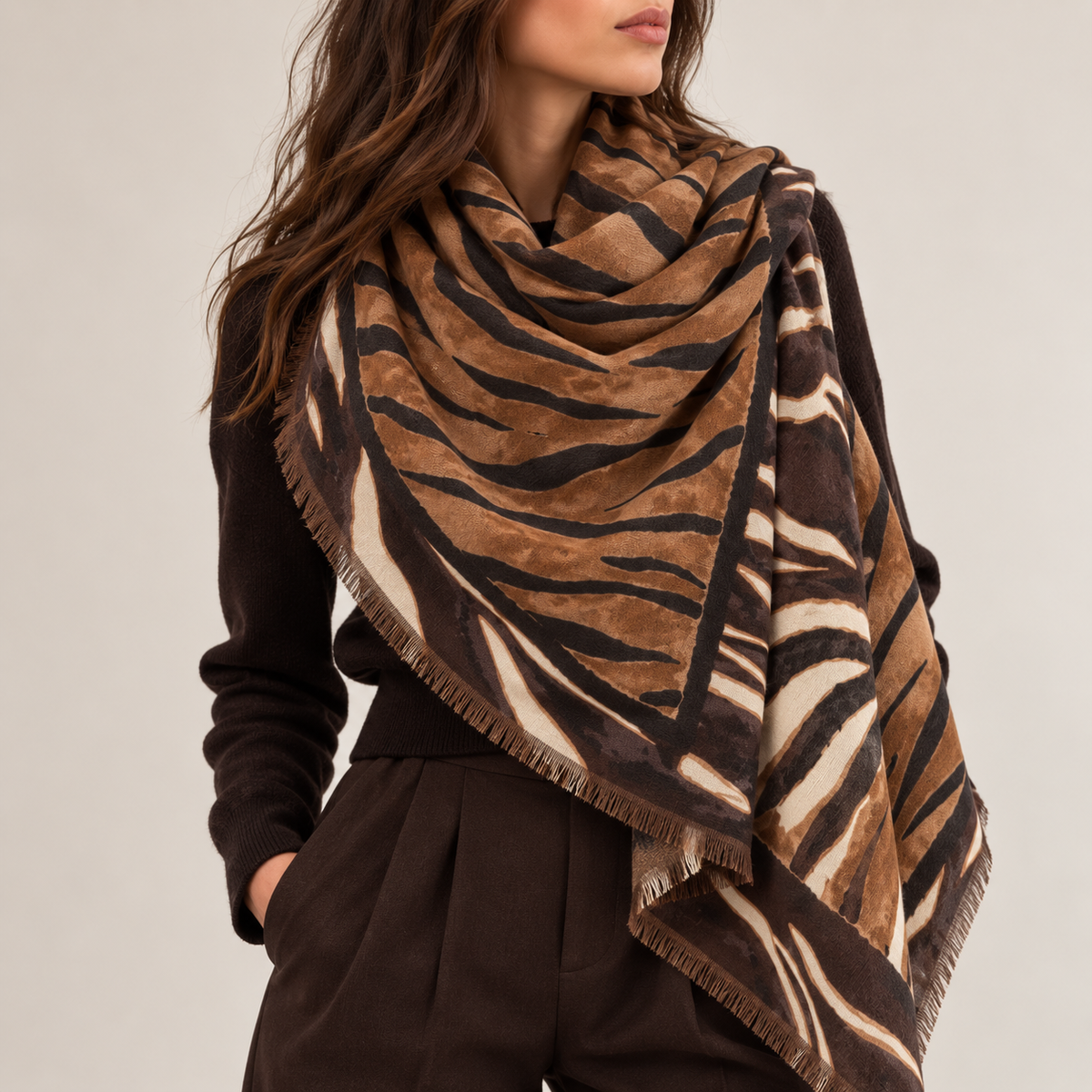 Foulard Carré Imprimé Zèbre Tigré Frangé Gris Noir Détail - ModeAccess