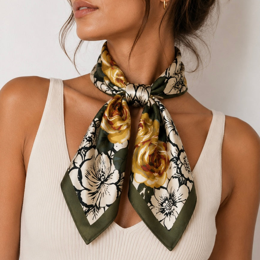 Foulard Carré Satin Roses Dorées Porté - ModeAccess