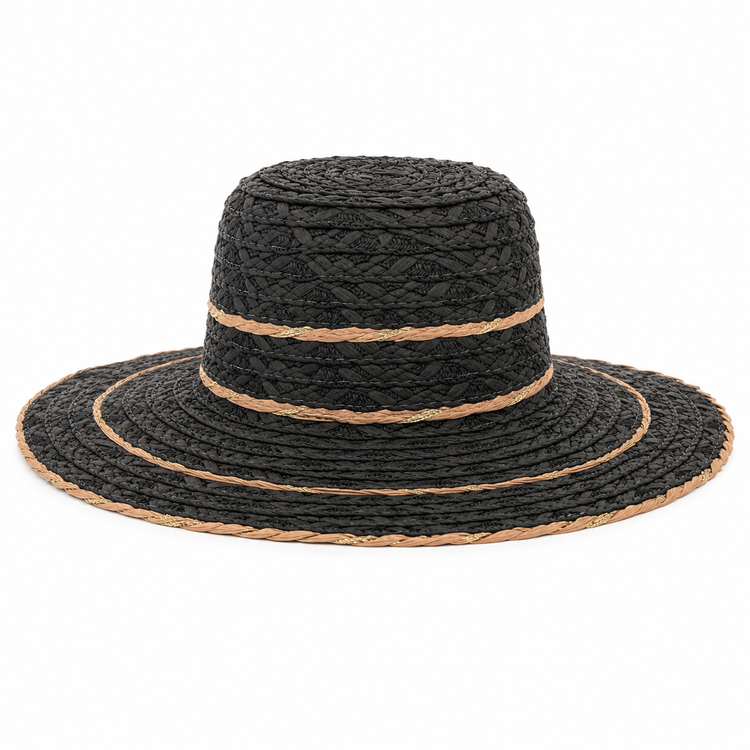 Chapeau Canotier Paille Noir Liséré Tressé Doré