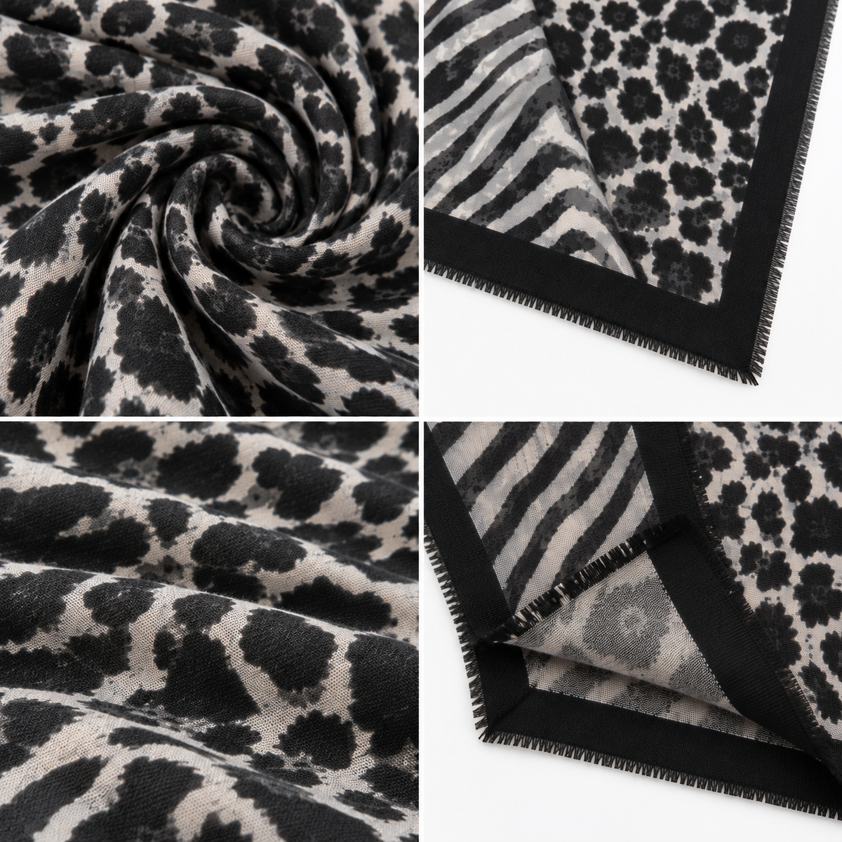Foulard Carré Imprimé Safari Floral Frangé Kaki Détail - ModeAccess