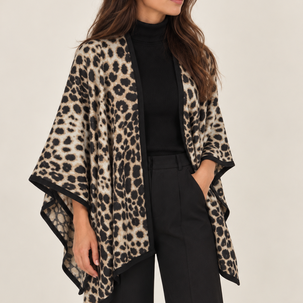 Cape Poncho Imprimé Léopard Beige Noir - ModeAccess