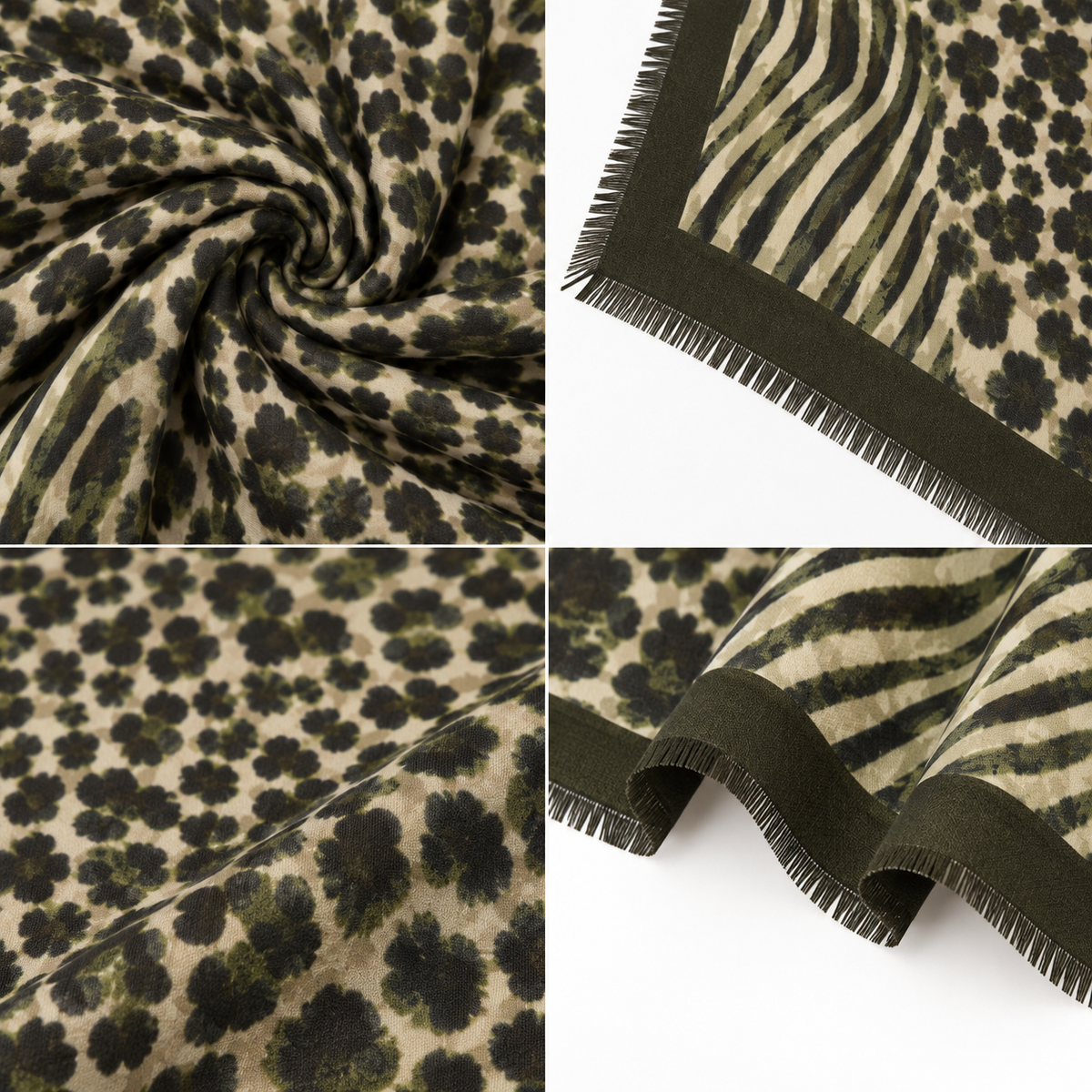 Foulard Carré Imprimé Safari Floral Frangé Noir Détail - ModeAccess