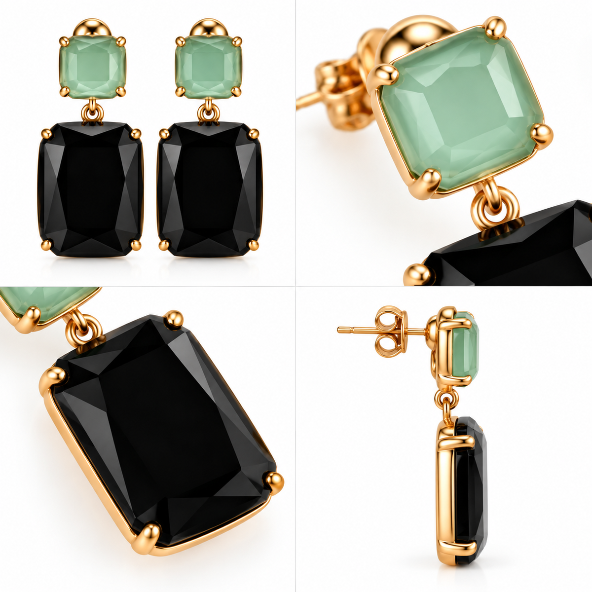 Boucles d’Oreilles Pendantes Rectangles Verre Facetté - ModeAccess - Détails noir et vert menthe