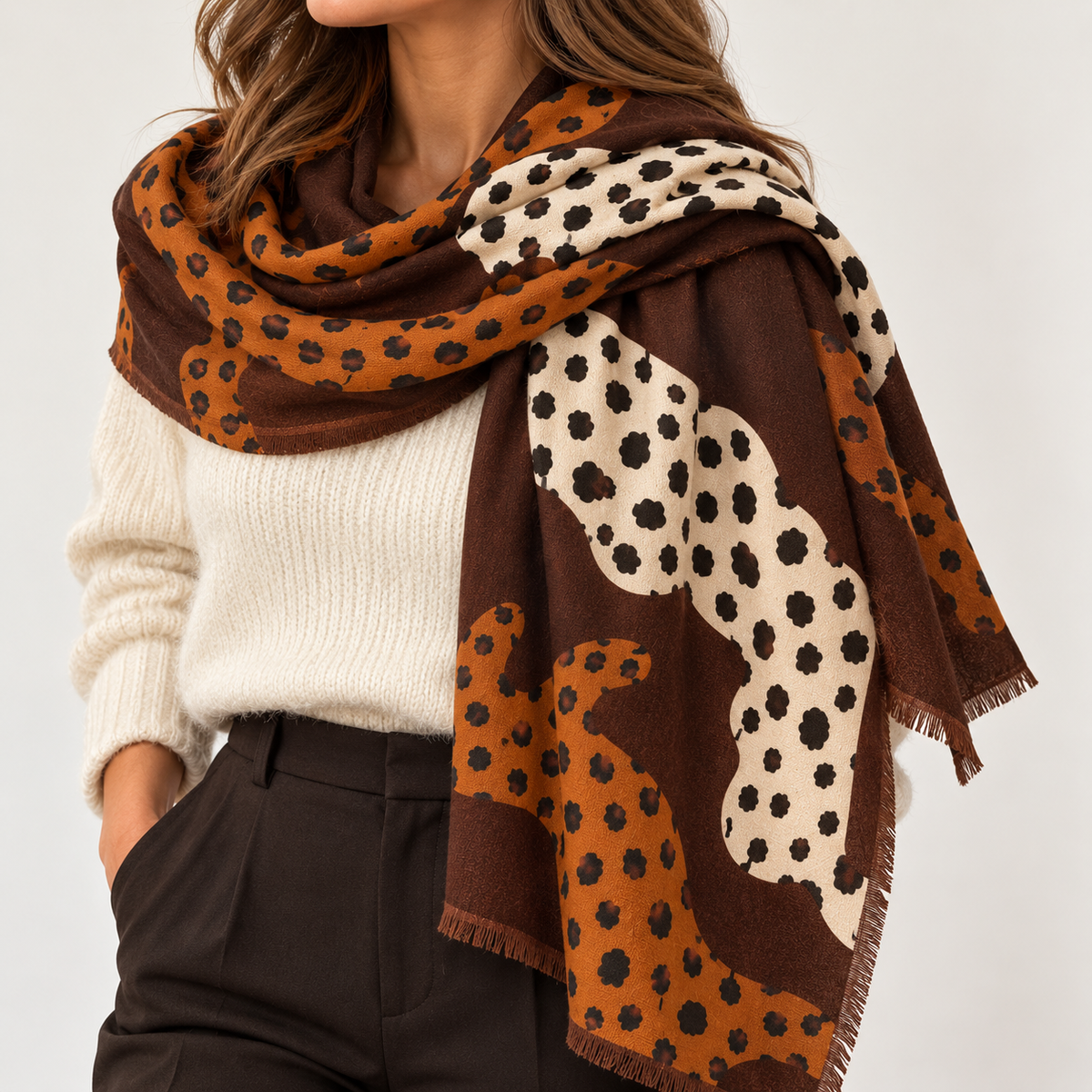 Foulard Carré Imprimé Léopards Silhouette Frangé Bordeaux Rose Porté - ModeAccess