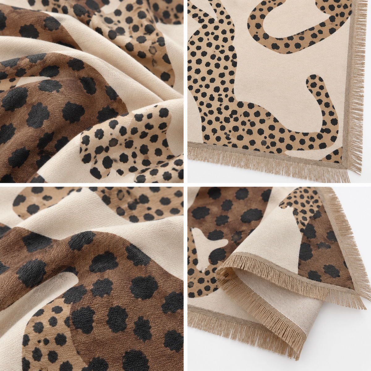 Foulard Carré Imprimé Léopards Silhouette Frangé Détail - ModeAccess