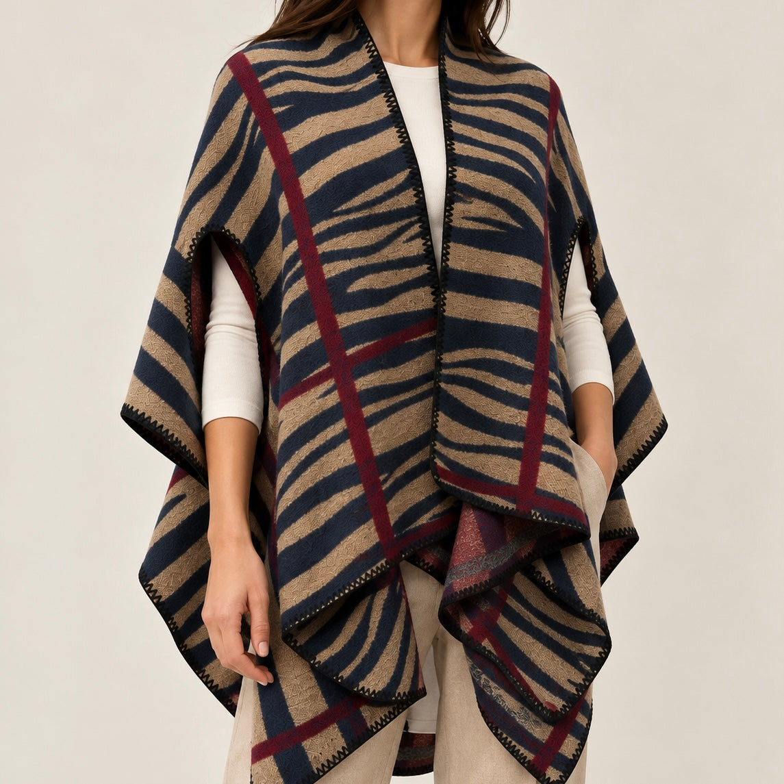 Poncho Réversible Rayures Zébrées Détails Matière - ModeAccess