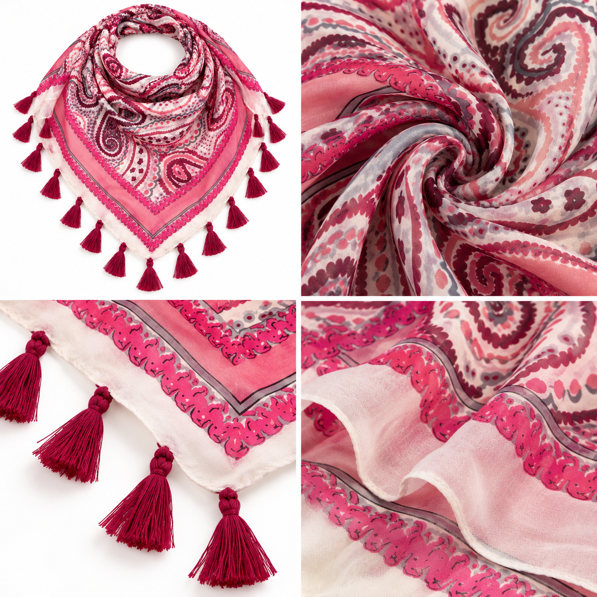 Foulard Paisley Pompons Soie Rose Bordeaux - ModeAccess