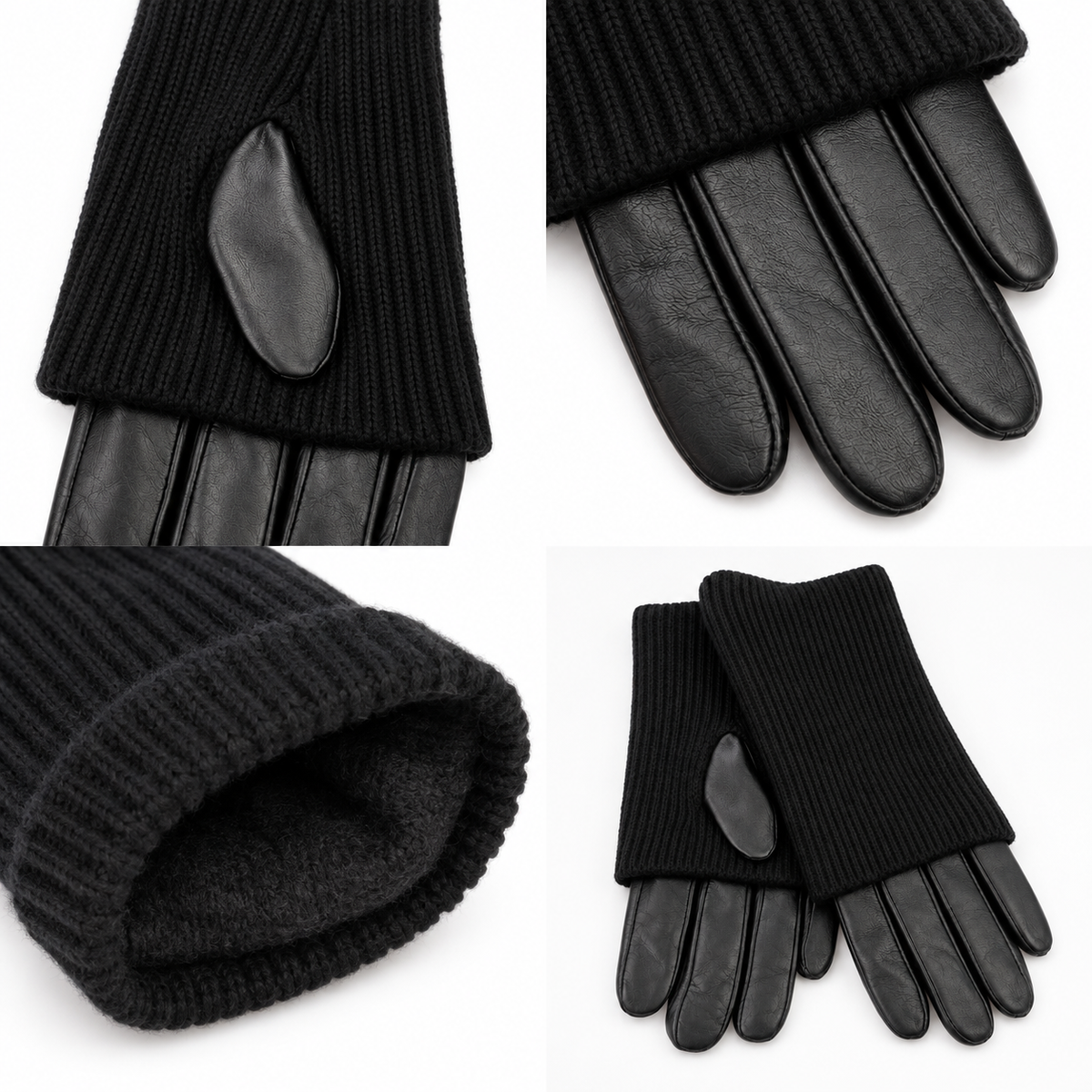 Gants Cuir Manchette Tricotée Noirs Détail - ModeAccess