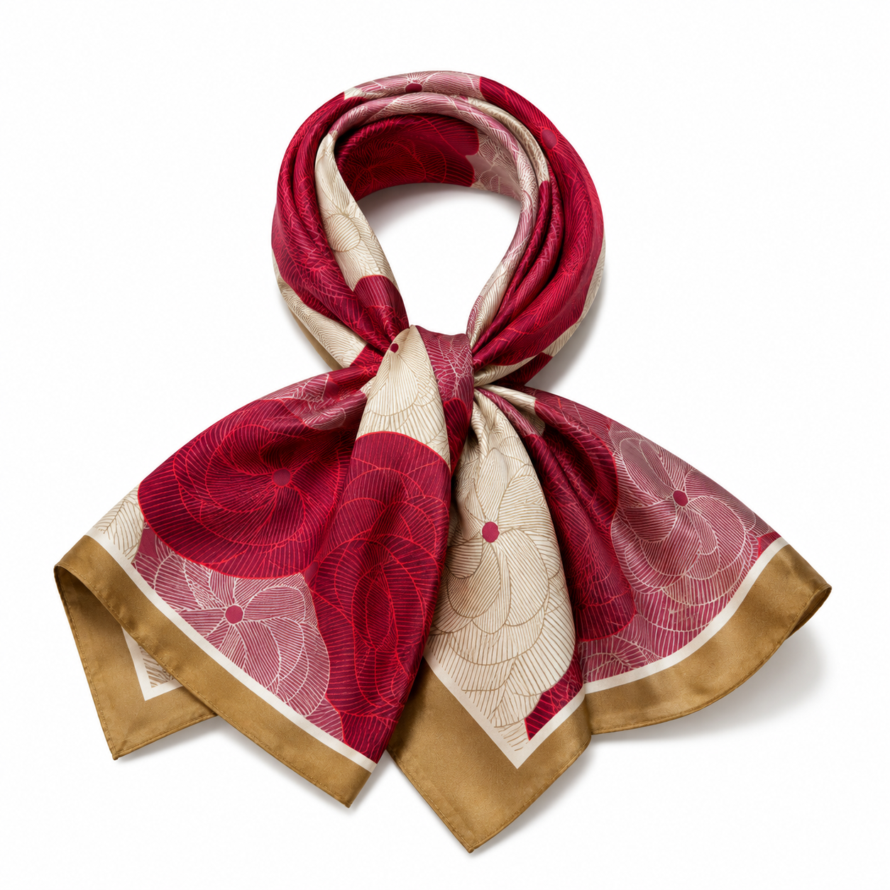 Foulard Carré Satin Floral Bordeaux Crème Bordure Camel - ModeAccess