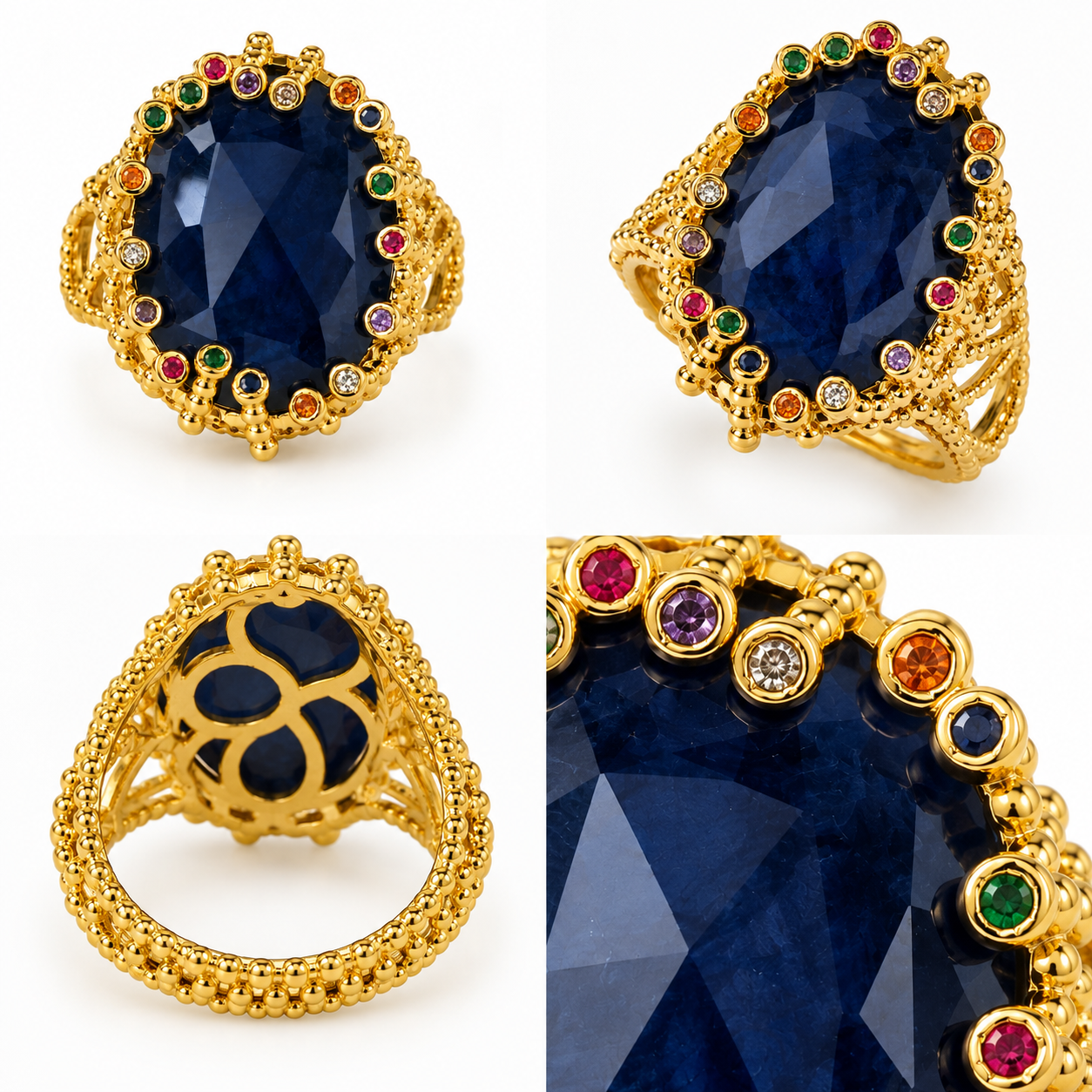 Bague Royale Saphir Bleu Zircons Multicolores Dorée - ModeAccess