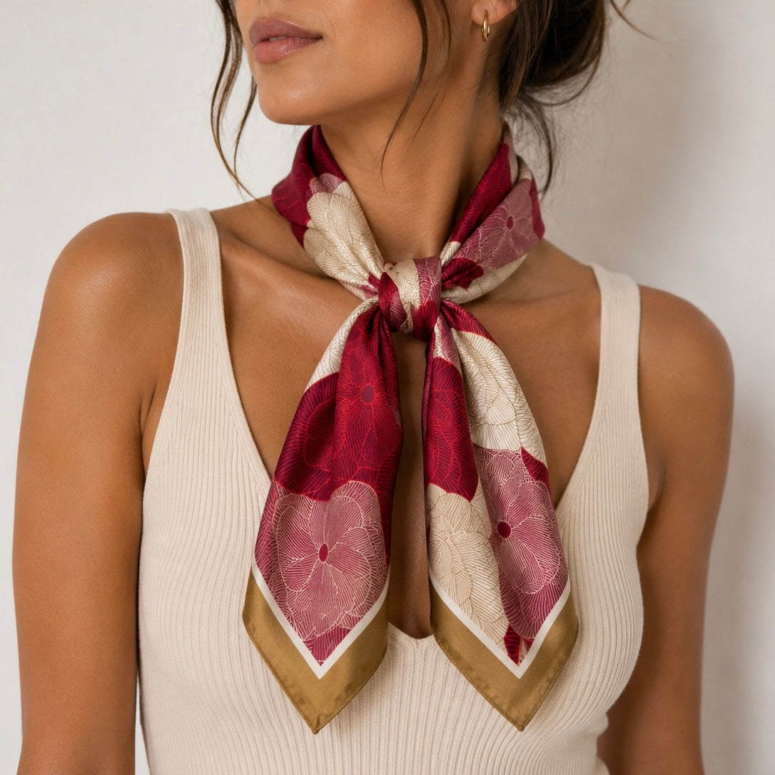 Foulard Carré Satin Floral Bordeaux Crème Porté - ModeAccess