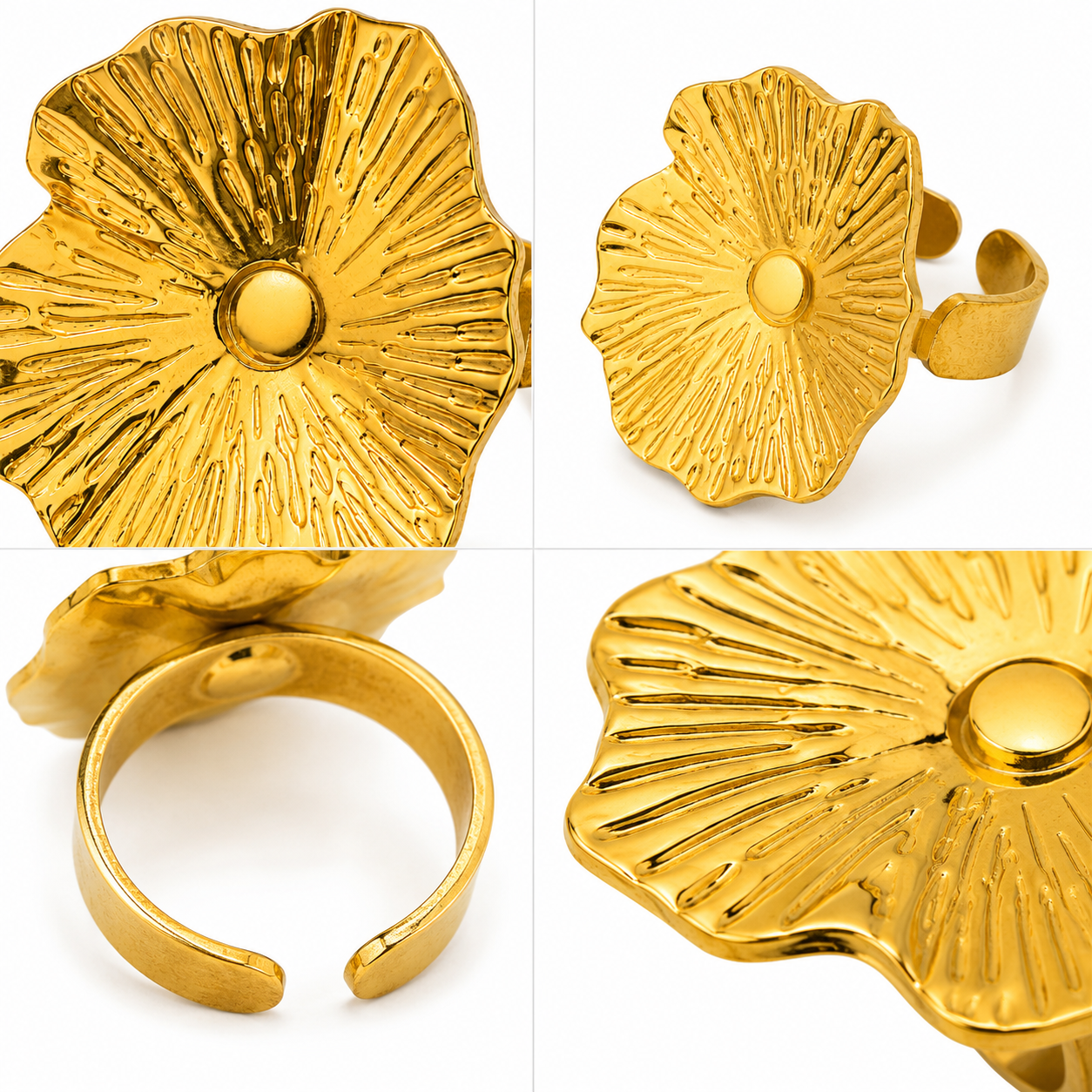 Bague Fleur Dorée Sculptée Plateau Large Nervures Rayonnantes Ajustable - ModeAccess
