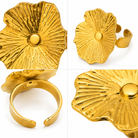 Bague Fleur Dorée Sculptée Plateau Large Nervures Rayonnantes Ajustable - ModeAccess