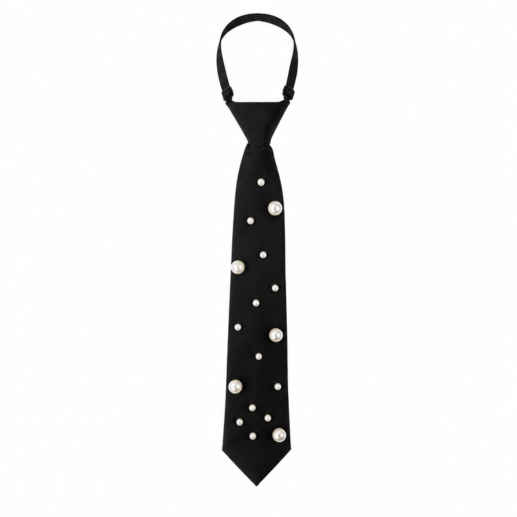 Cravate Noire Perles Mixtes Clip Ajustable