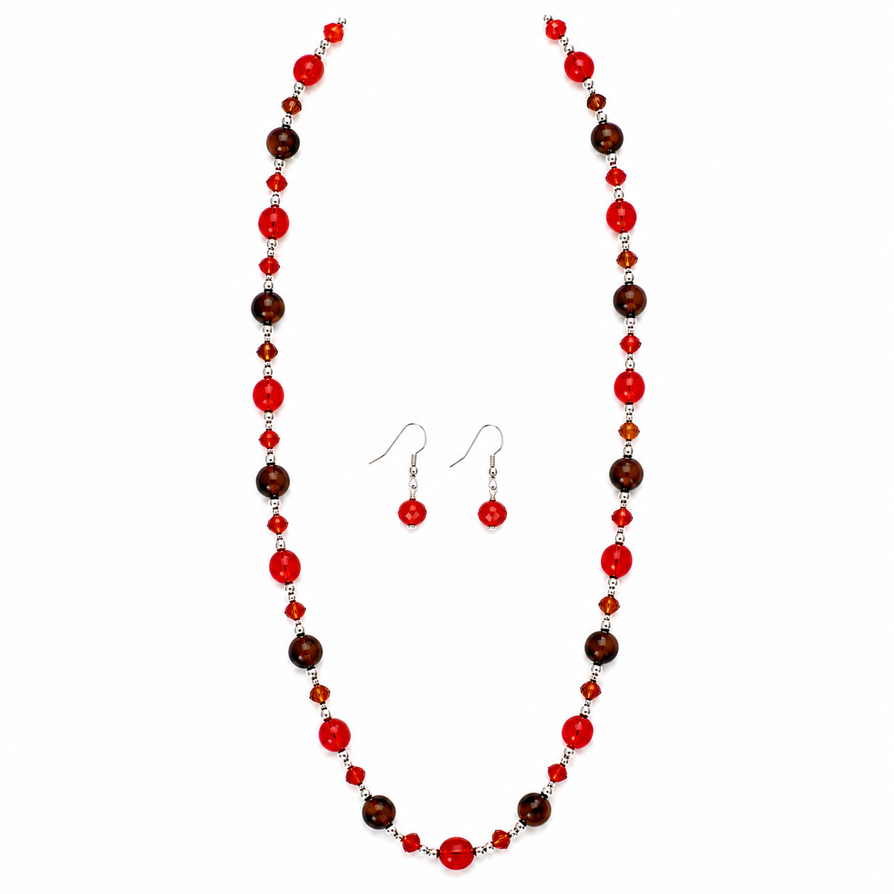 Parure Sautoir Perles Pierre de Verre Rouge Marron Cristaux Ambre Argenté - ModeAccess