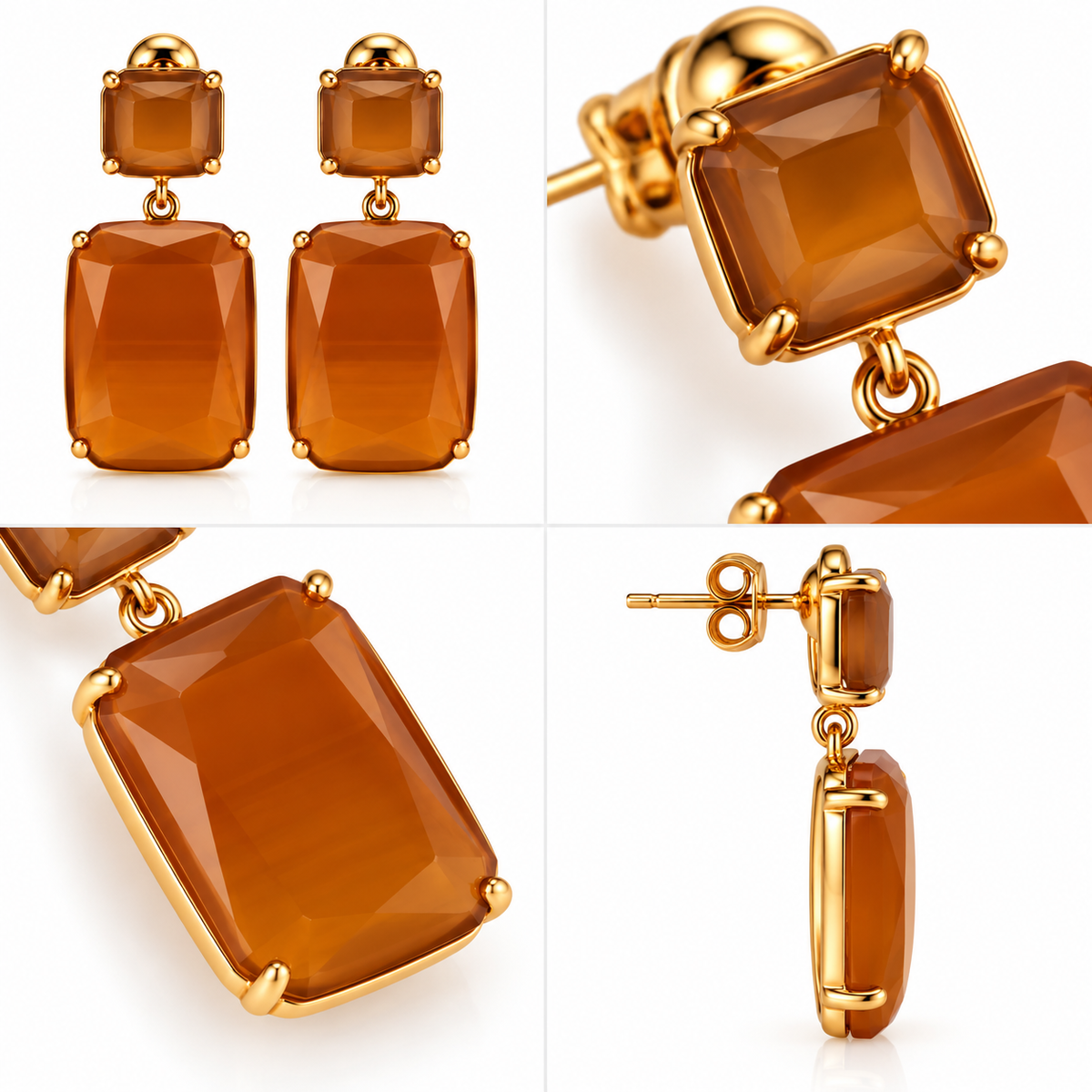 Boucles d’Oreilles Pendantes Rectangles Verre Facetté - ModeAccess - Détails ambre