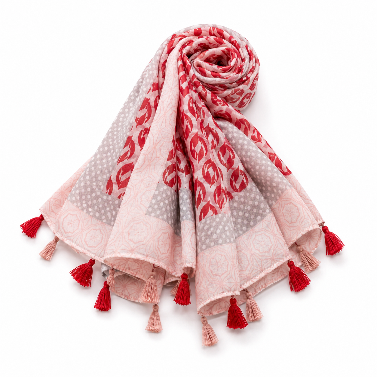 Foulard Imprimé Tulipes Rouges Pompons Bicolores Rose Poudré - ModeAccess