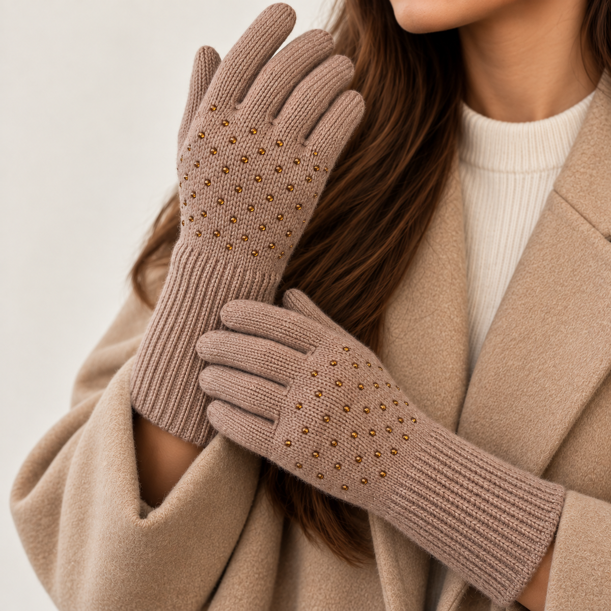 Gants Tricot Strass Dorés Taupe Détail - ModeAccess