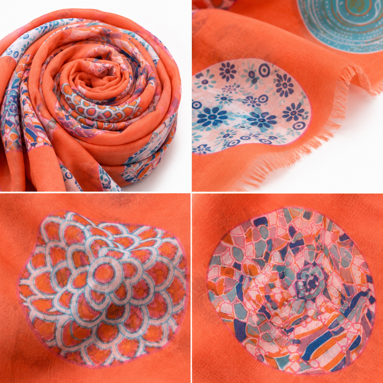 Foulard Imprimé Médaillons Mosaïque Mandala Fond Corail Franges - ModeAccess