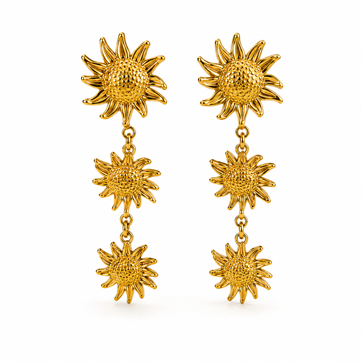 Boucles d'Oreilles Pendantes Triple Tournesol Doré en Cascade - ModeAccess