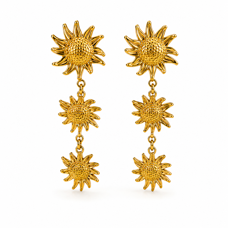 Boucles d'Oreilles Pendantes Triple Tournesol Doré en Cascade - ModeAccess