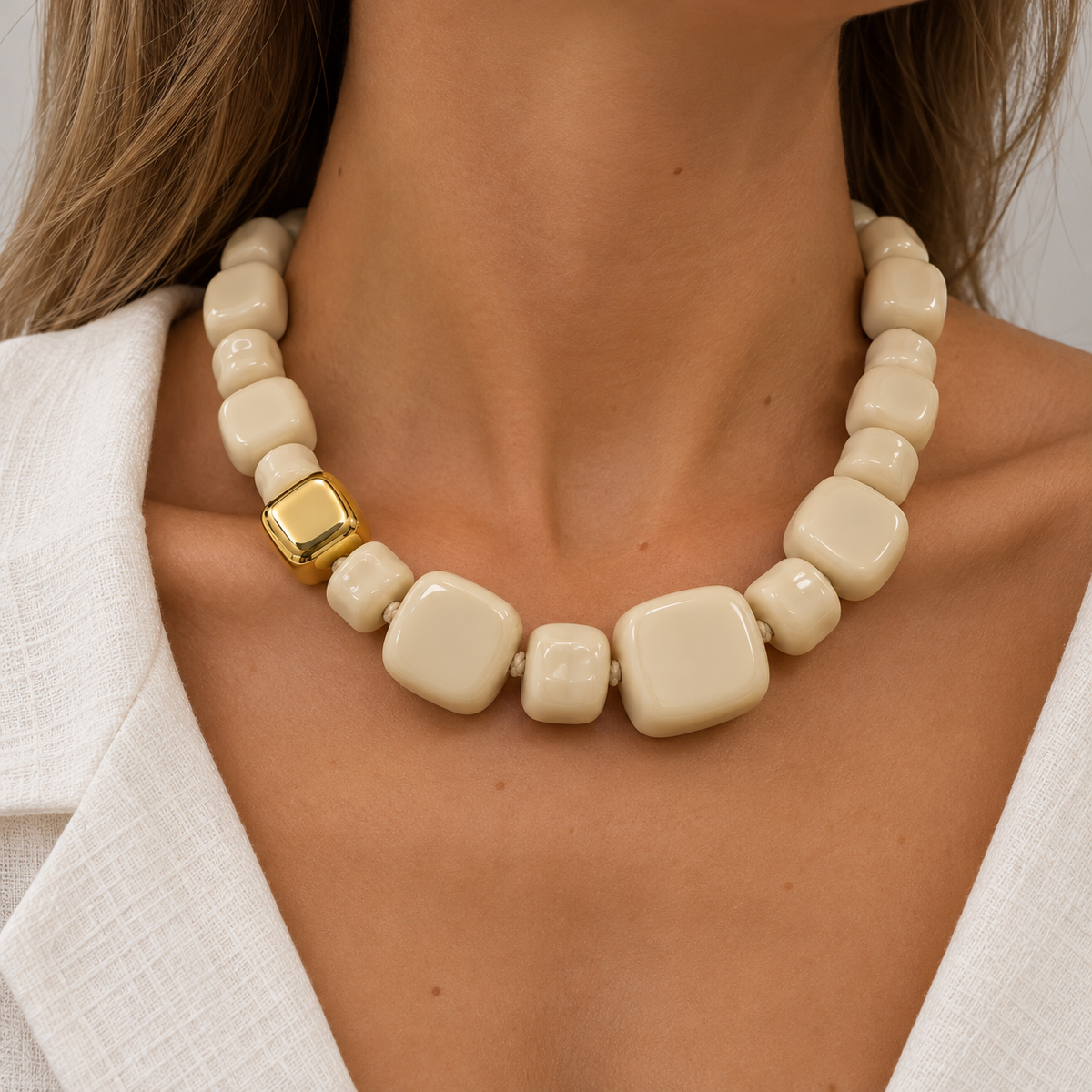 Collier Perles Résine Beige Ivoire Doré - ModeAccess