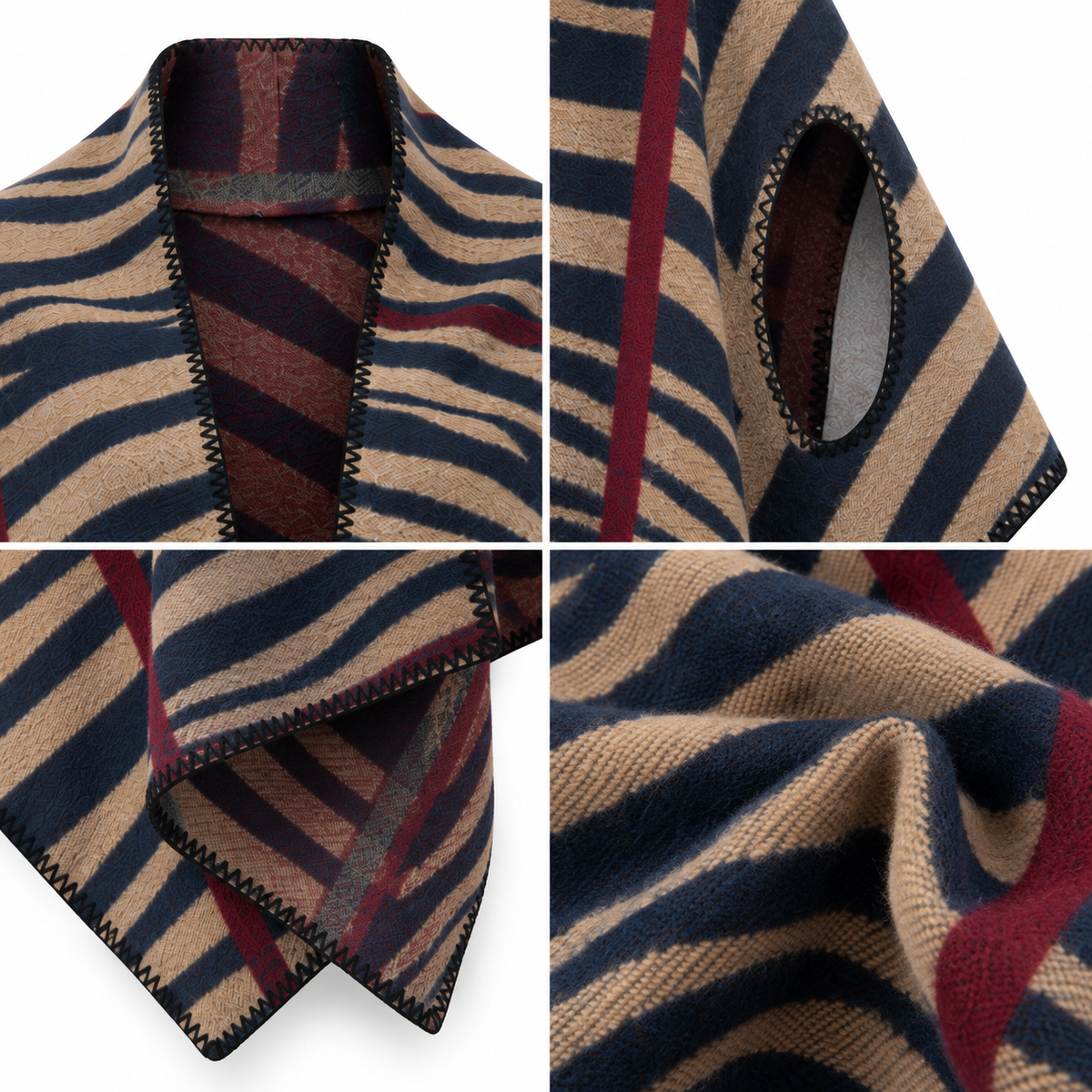 Poncho Réversible Rayures Zébrées Face Camel Détail - ModeAccess
