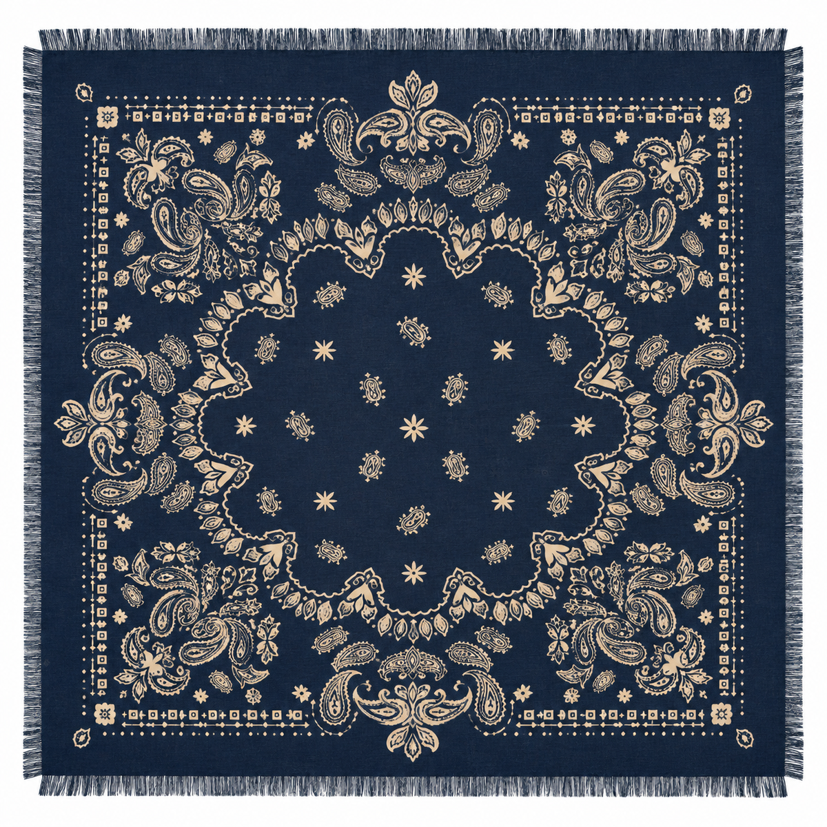 Foulard Carré Imprimé Bandana Paisley Frangé Écru Noir - ModeAccess