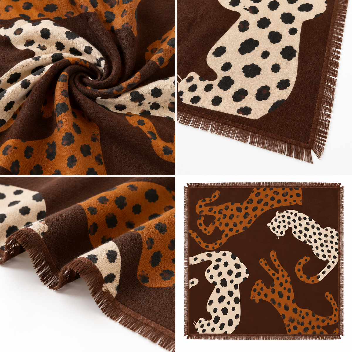 Foulard Carré Imprimé Léopards Silhouette Frangé Bordeaux Rose - ModeAccess