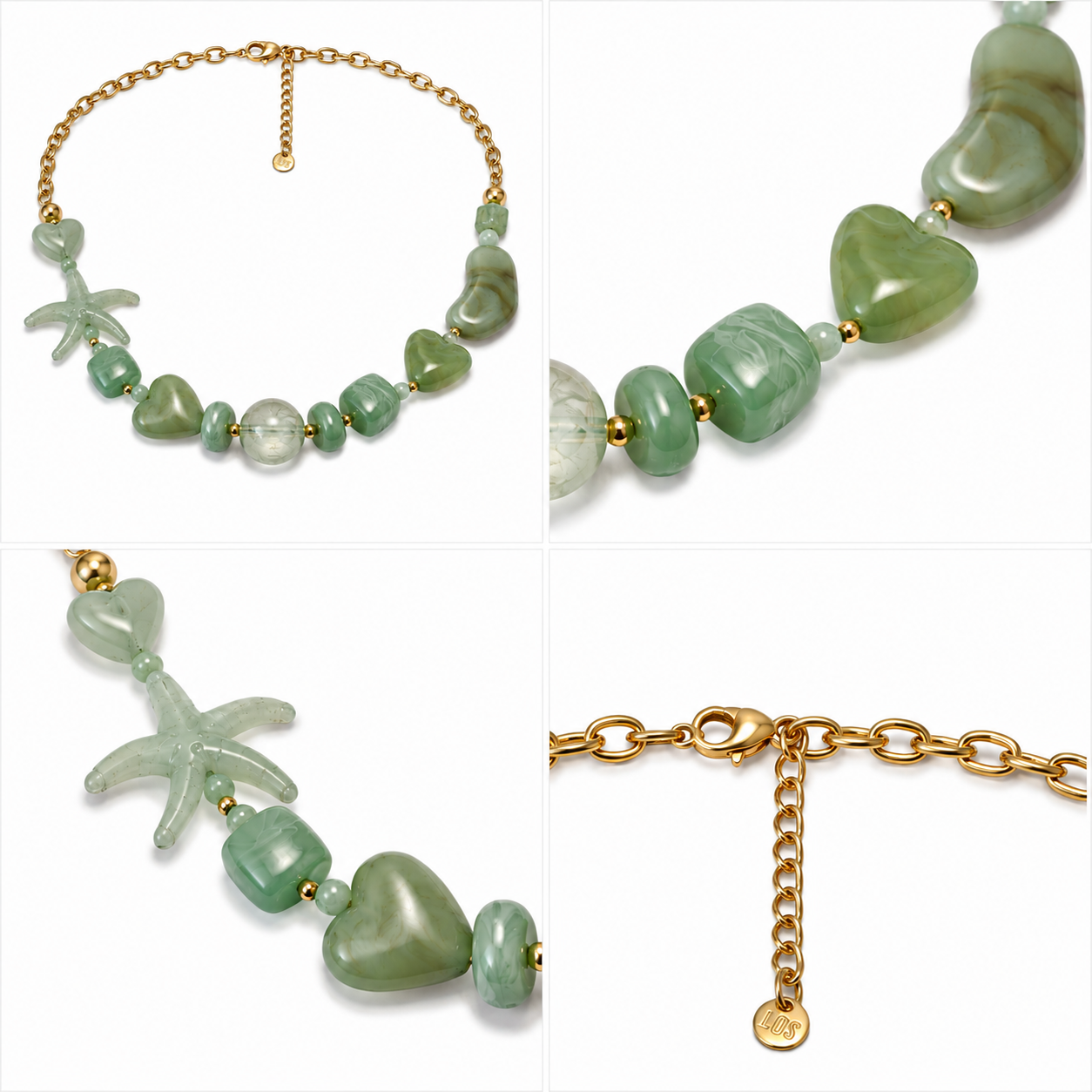 Collier Perles Résine Étoile de Mer Vert Sauge Détail - ModeAccess