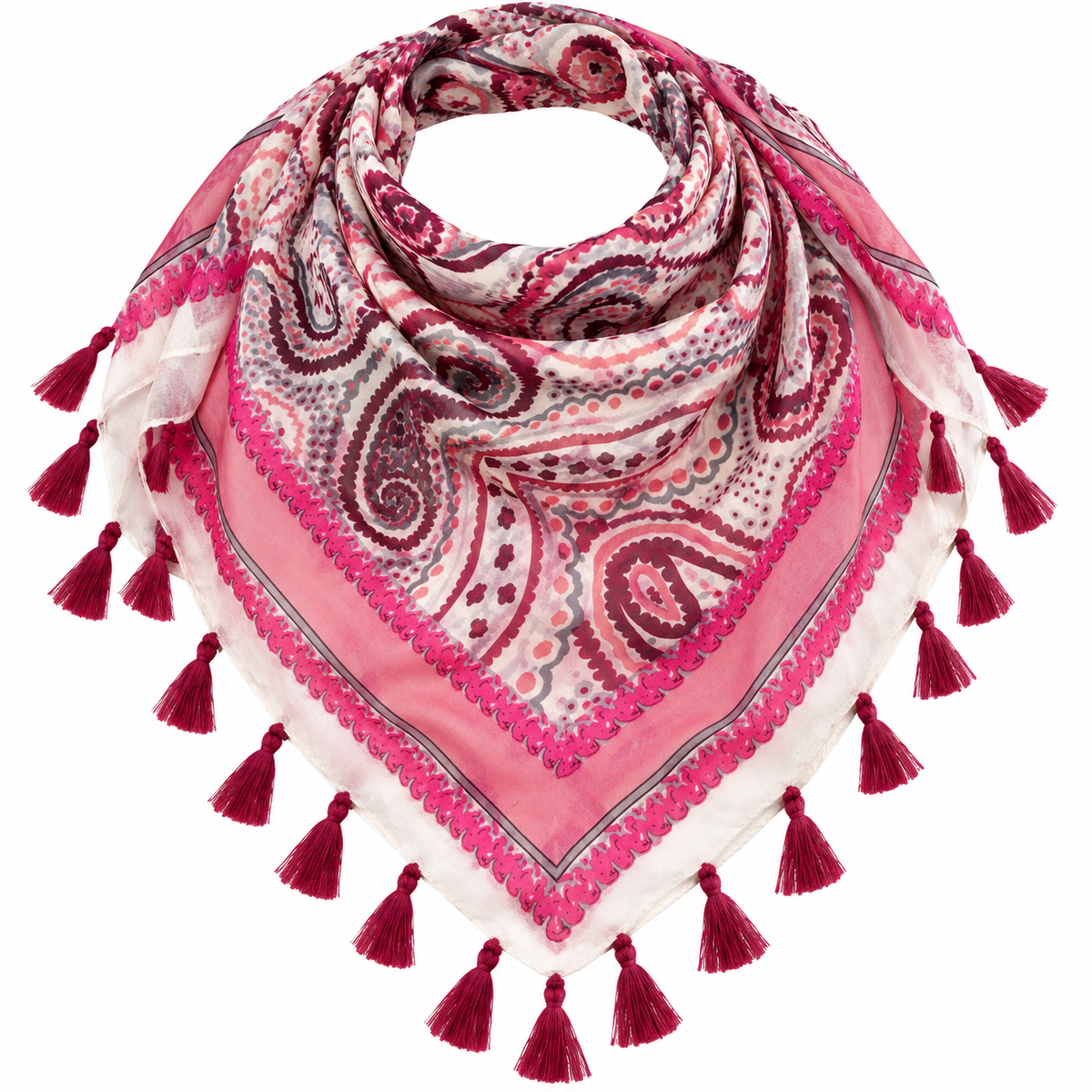 Foulard Paisley Pompons Soie Rose Bordeaux - ModeAccess