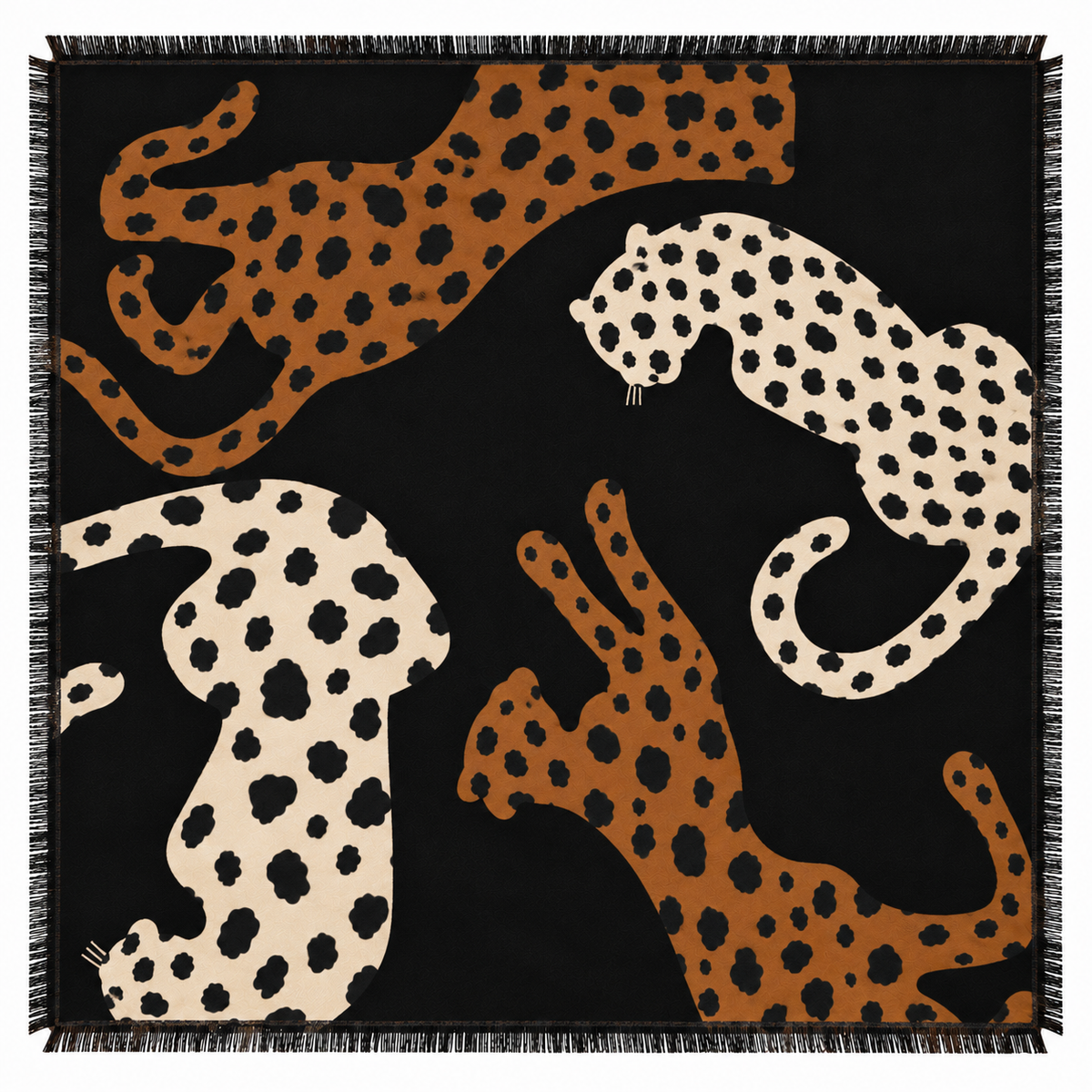Foulard Carré Imprimé Léopards Silhouette Frangé Noir Camel Porté - ModeAccess