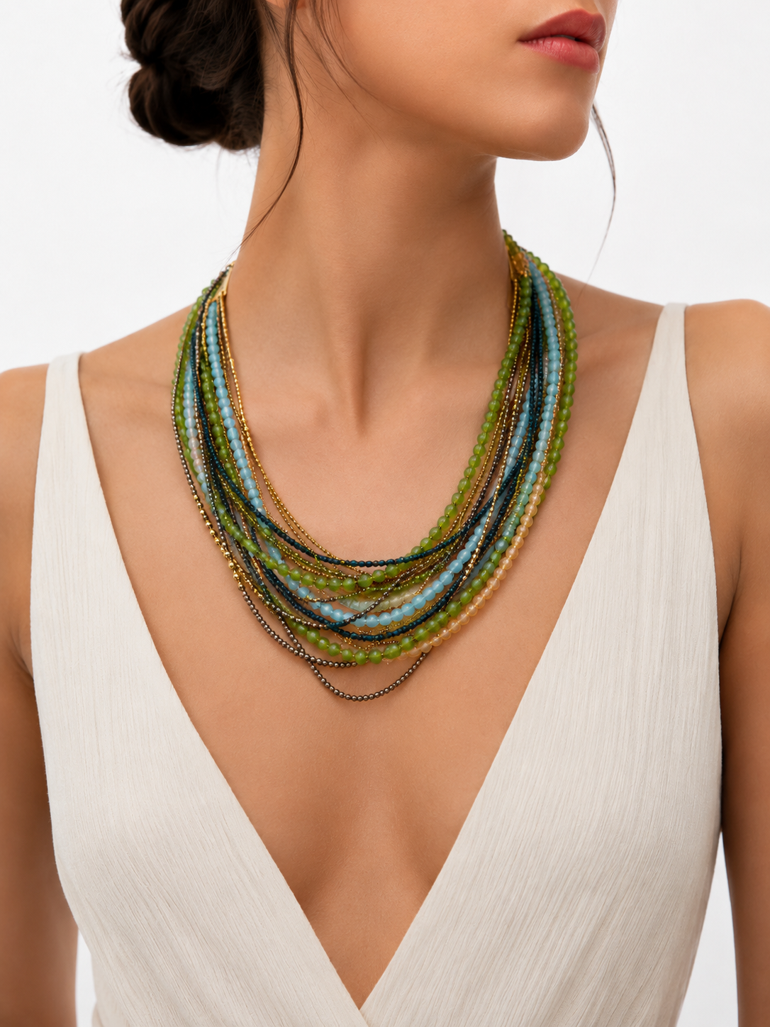 Collier Plastron Multi-Rangs Perles Facettées Vertes Bleues Doré - ModeAccess