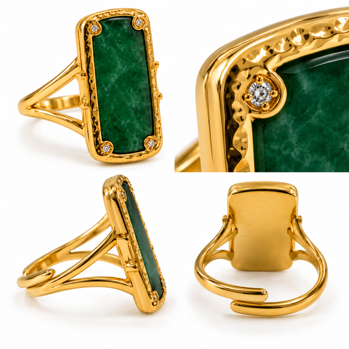 Bague Pierre Verte Cadre Doré Martelé - ModeAccess
