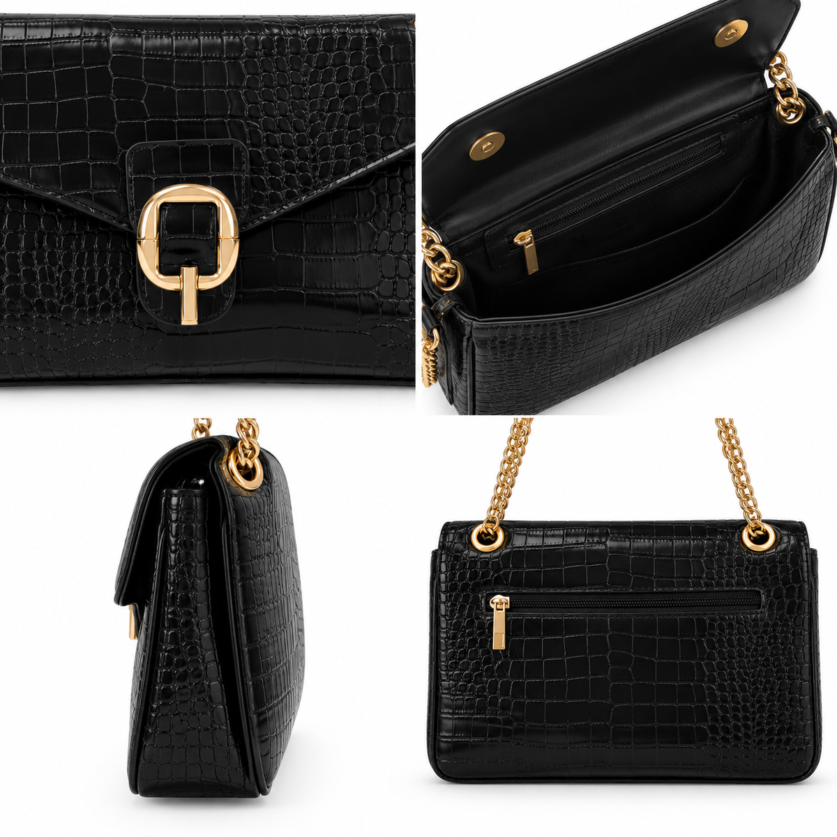Sac Bandoulière Croco Boucle Dorée Noir - ModeAccess