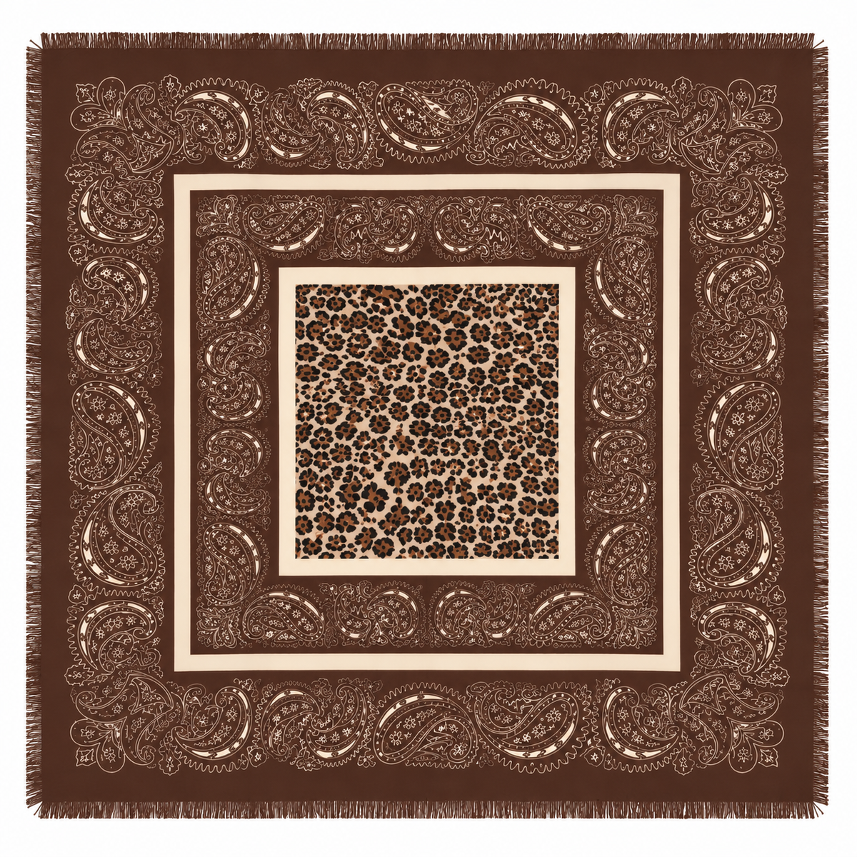 Foulard Carré Imprimé Paisley Léopard Frangé Noir Écru - ModeAccess