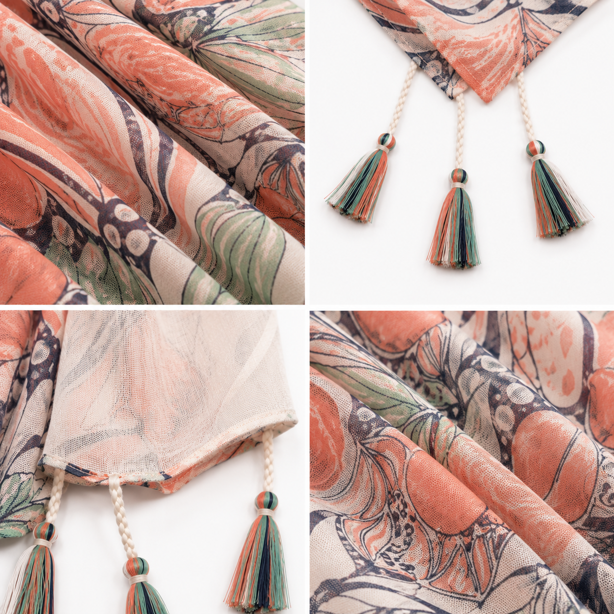 Foulard Imprimé Floral Corail Pompons Multicolores - ModeAccess