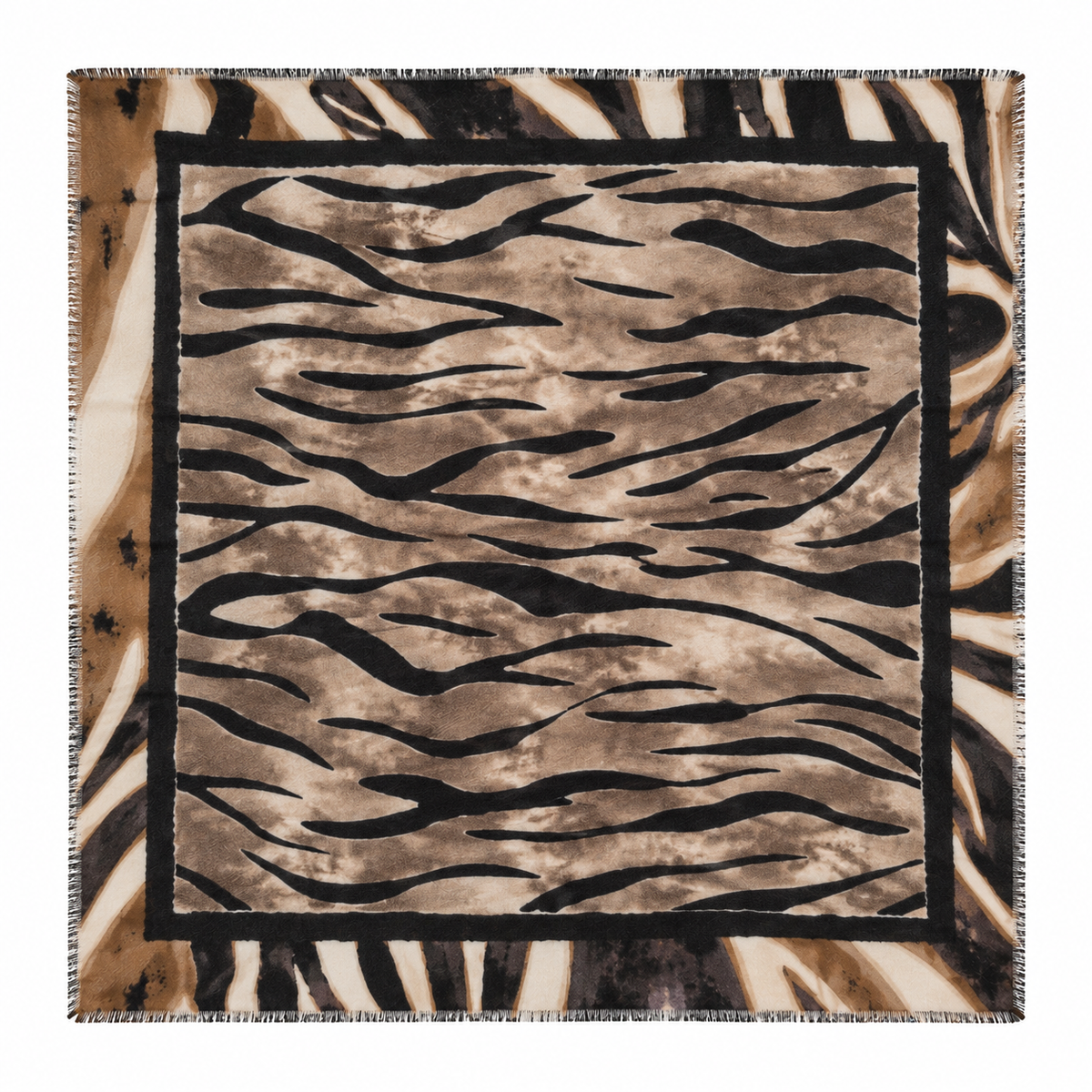 Foulard Carré Imprimé Zèbre Tigré Frangé Camel Noir Vue - ModeAccess