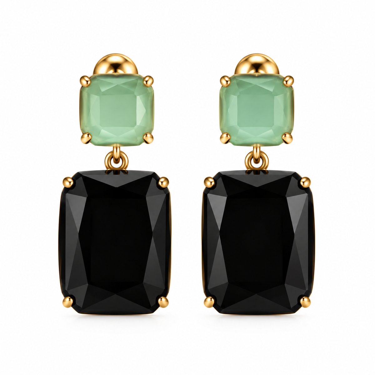 Boucles d’Oreilles Pendantes Rectangles Verre Facetté - ModeAccess - Noir et vert menthe