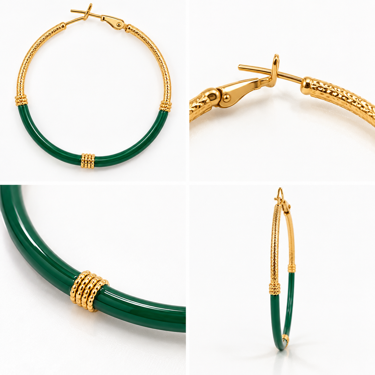 Boucles d'Oreilles Créoles Émail Vert Doré - ModeAccess