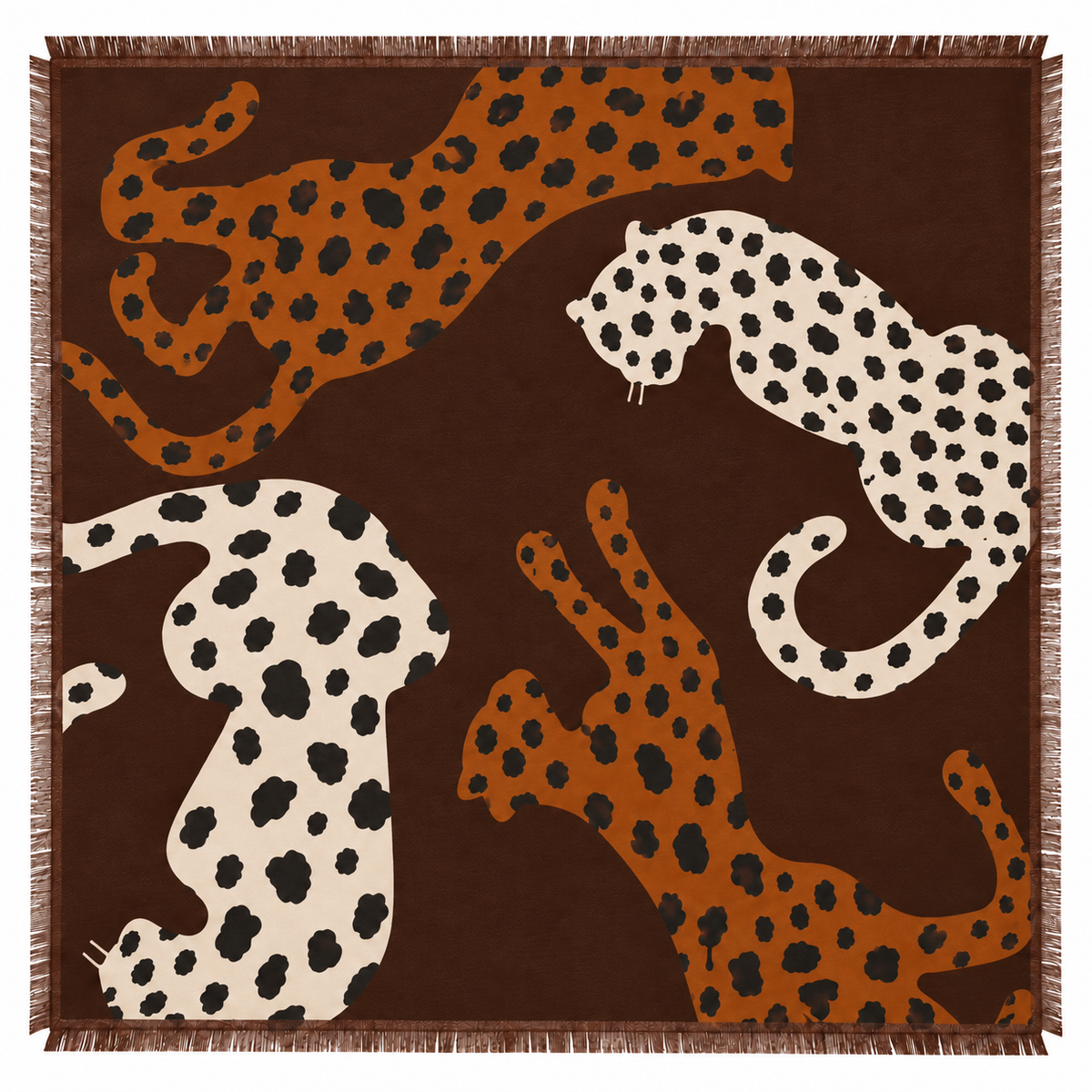 Foulard Carré Imprimé Léopards Silhouette Frangé Noir Camel - ModeAccess