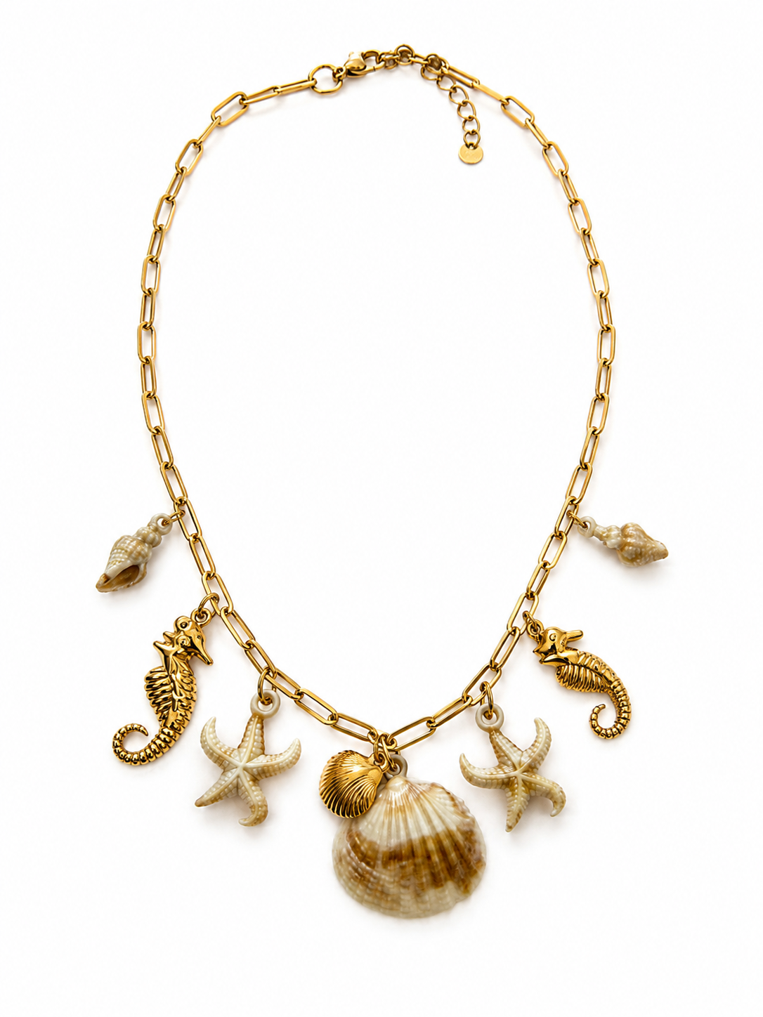 Collier Chaîne Dorée Breloques Marines Coquillages Étoile de Mer Hippocampe - ModeAccess