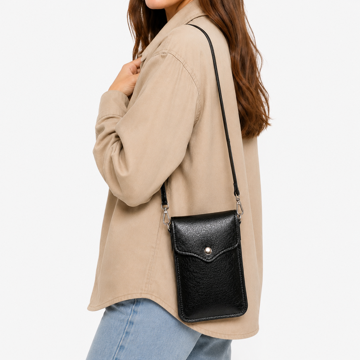 Mini Sac Téléphone Bandoulière Simili Cuir Noir porté - ModeAccess