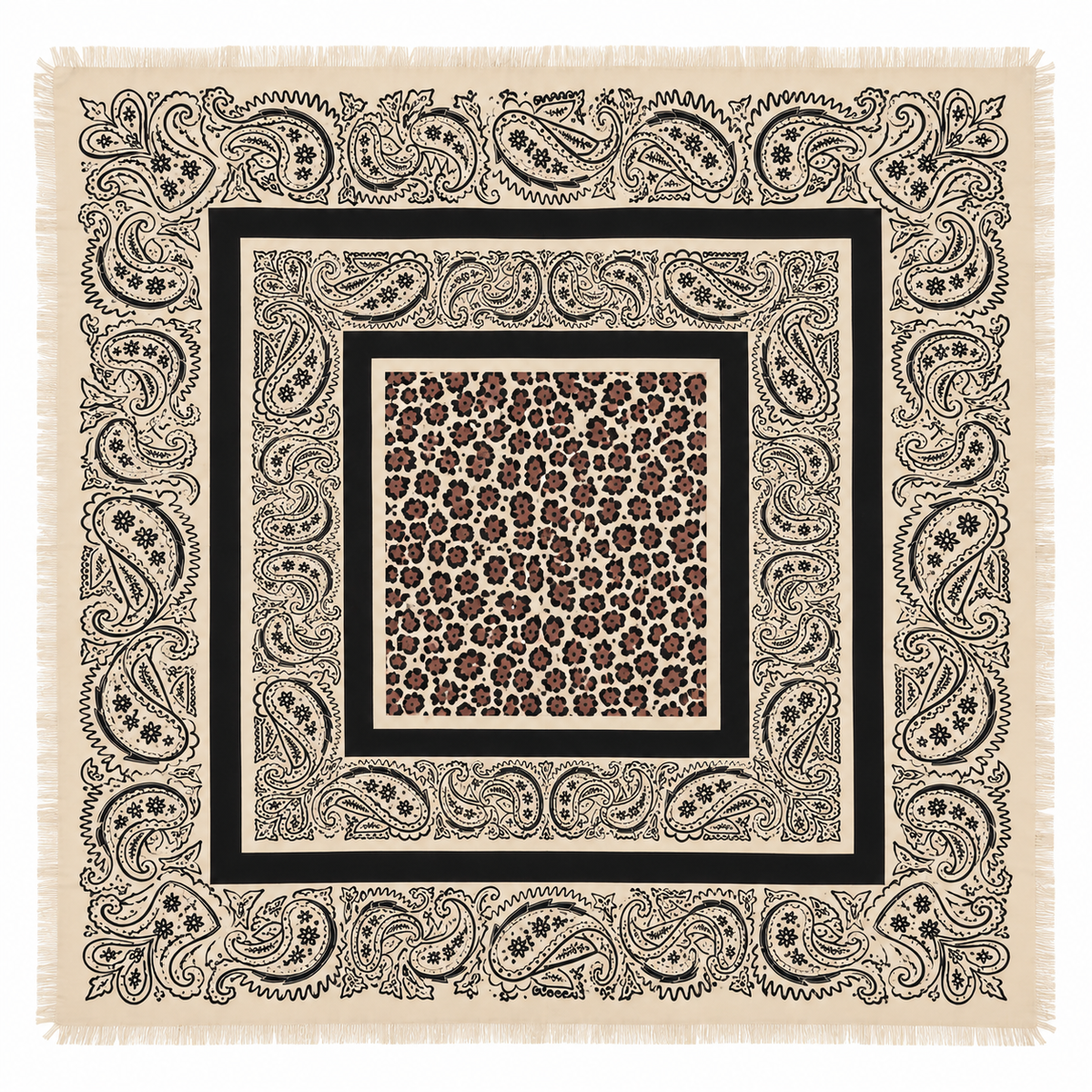 Foulard Carré Imprimé Paisley Léopard Frangé Marron Écru - ModeAccess