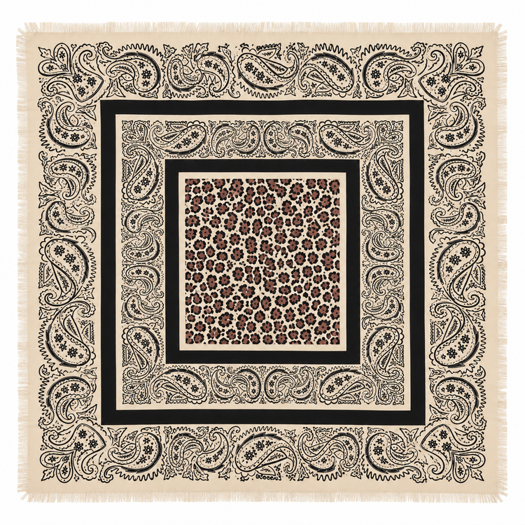 Foulard Carré Imprimé Paisley Léopard Frangé Marron Écru - ModeAccess