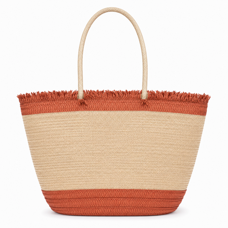 Sac de Plage Tressé Bicolore Franges
