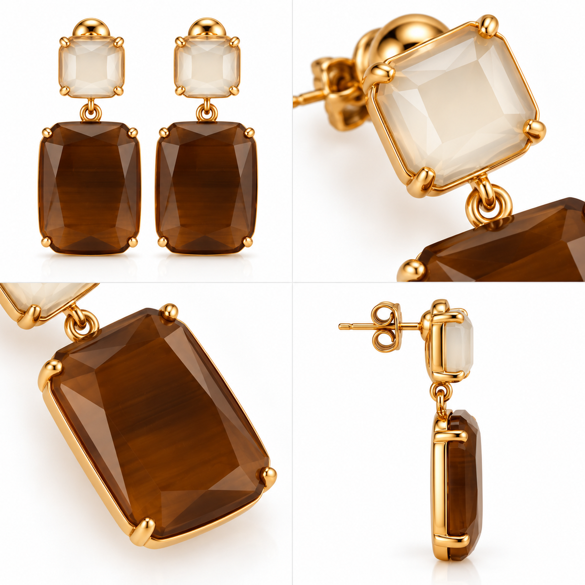 Boucles d’Oreilles Pendantes Rectangles Verre Facetté - ModeAccess - Détails chocolat et ivoire